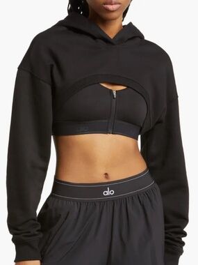 ALO Yoga Shrug It Off Cropped Fleece Hoodie Black Slouchy Activewear Relaxed